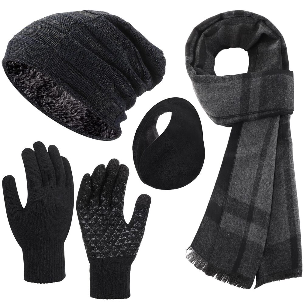5968 4 Pcs Winter Hats Scarf Gloves Earmuff Set Fleece Lined Knit Beanies